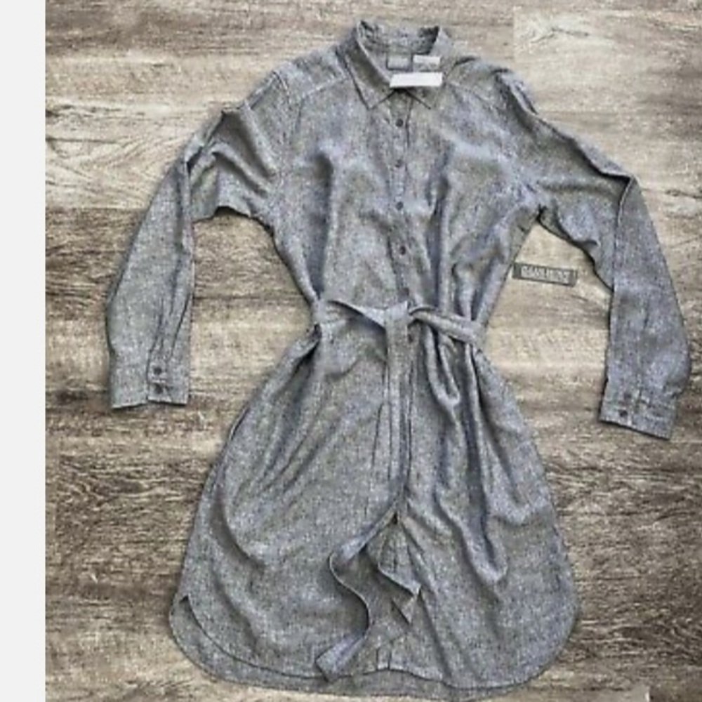 New York & Company Soho Street Linen Blend Shirt Dress M Long Sleeve Gray